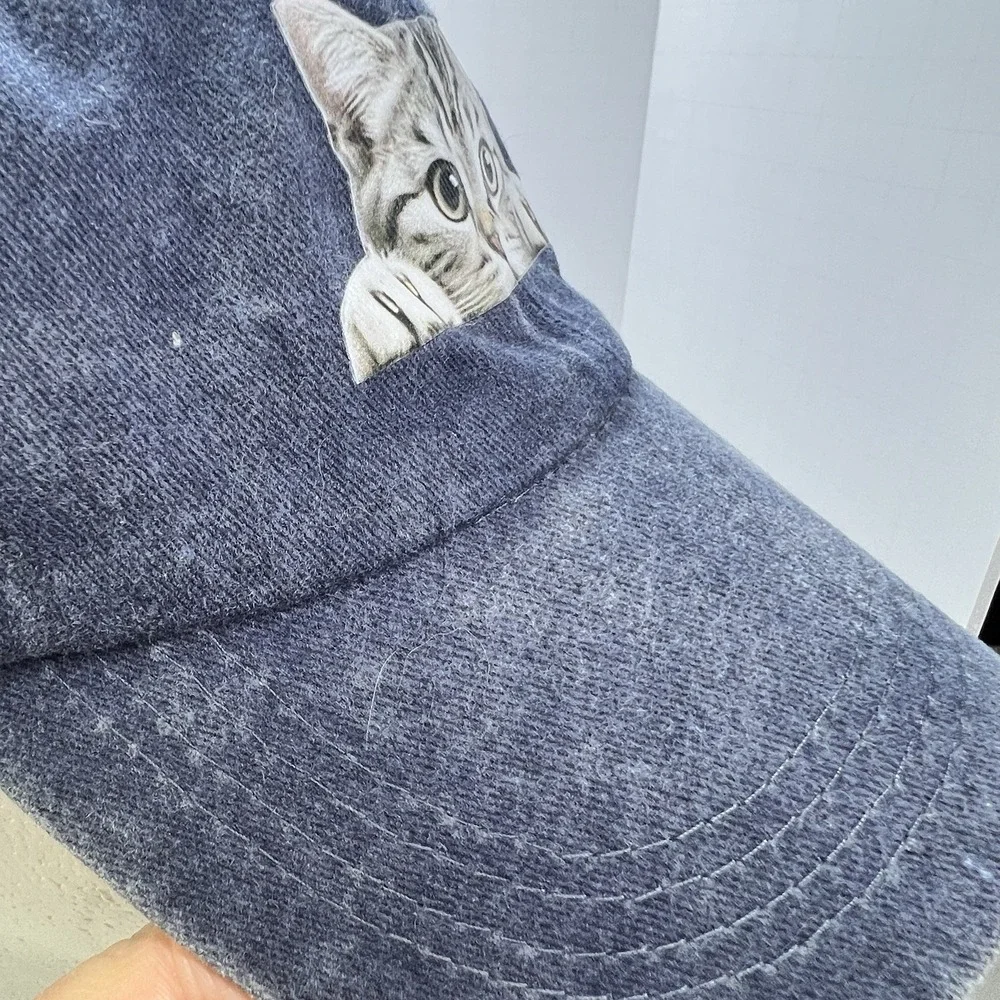 Cat Peeking Hat‎ Faded Denim Blue Baseball Cap Cute Kitty Graphic Pet Lover Mom